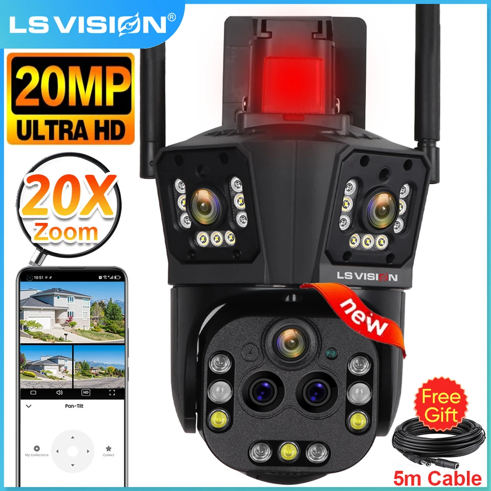 10K 20MP WiFi IP bezpečnostní kamera 360° venkovní dohled 20x zoom AI sledování CCTV 5 objektivů