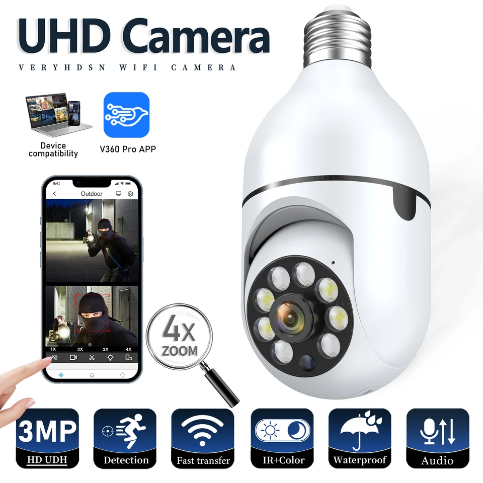 WiFi bezpečnostní kamera s žárovkou E27, 3MP, vnitřní dohled, 4x zoom, noční vidění, detekce osob