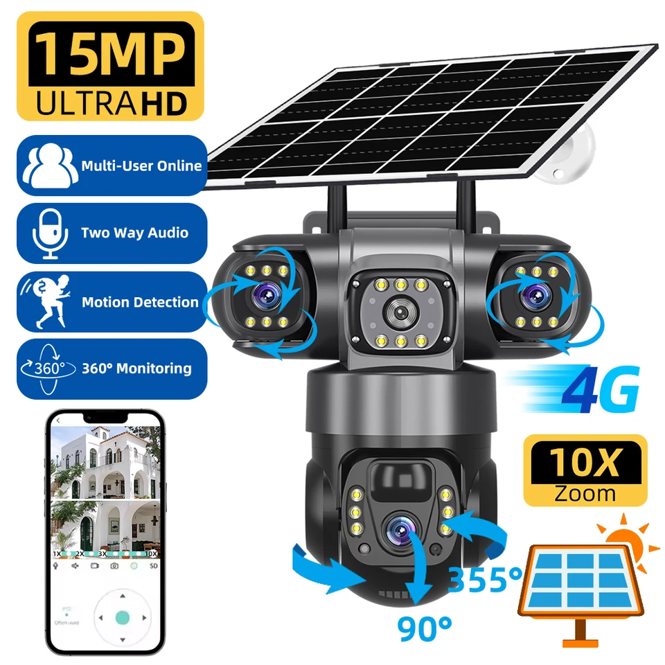 15MP 6K solární bezpečnostní kamera s 10násobným zoomem, trojitým objektivem, PIR detekcí pohybu, venkovní CCTV