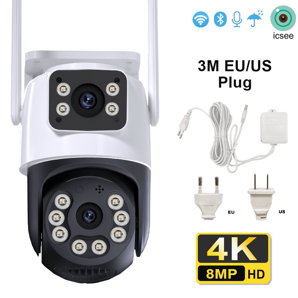 8MP venkovní WiFi PTZ bezpečnostní kamera s automatickým sledováním AI, dvojitým objektivem, obousměrným zvukem a CCTV