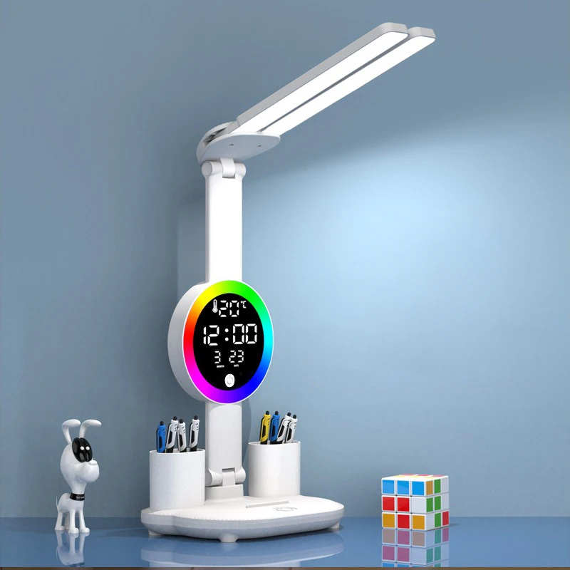 LED stolní lampa s ventilátorem a hodinami - dobíjecí stolní světlo pro studium, čtení, noční světlo