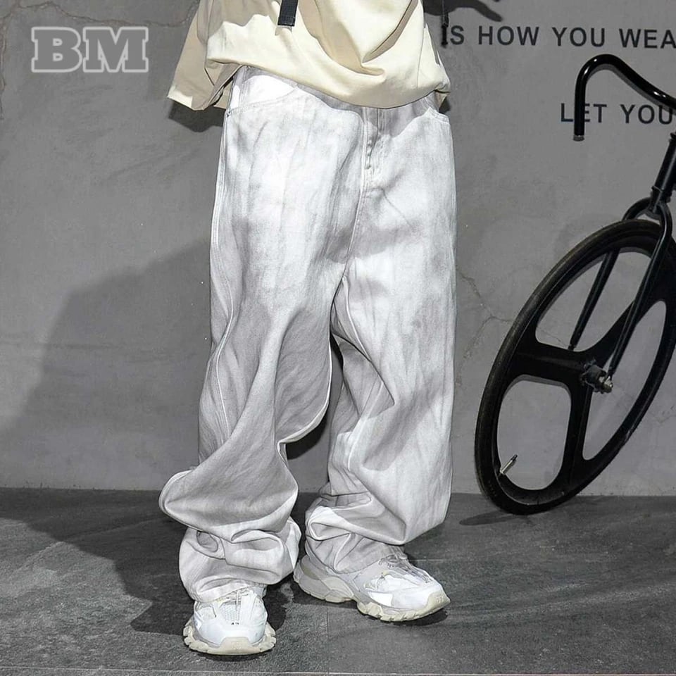 Pánské baggy džíny cargo streetwear hip hop Y2K skateboard kalhoty volné béžové denim