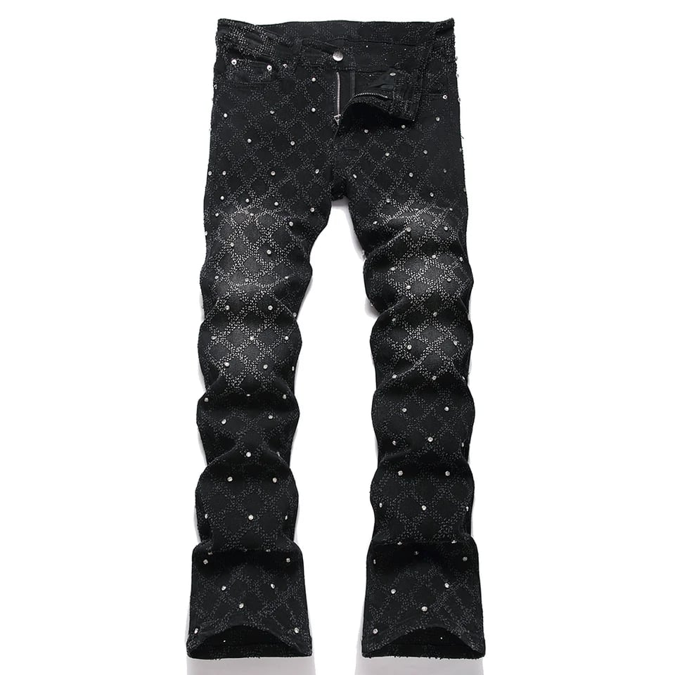 Pánské černé džíny bootcut s nýty stretch denim kalhoty slim fit rozšířené