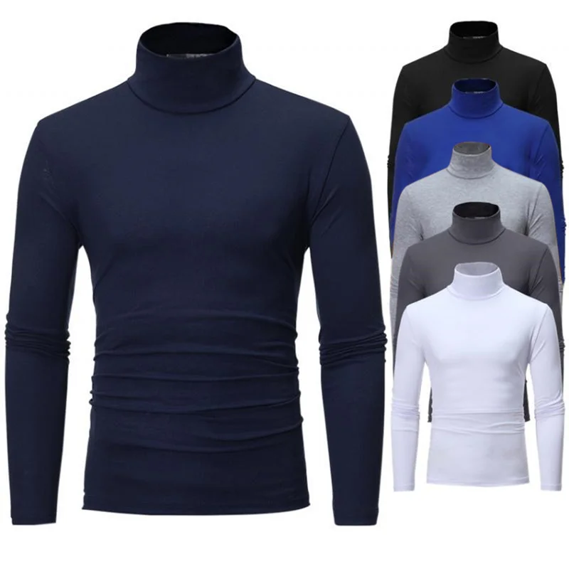 Pánské jednobarevné rolákové tričko s dlouhým rukávem jarní casual slim fit top