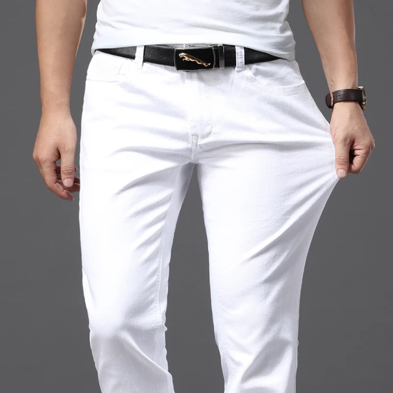 Pánské bílé džíny slim fit stretch kalhoty casual klasické bavlněné pohodlné
