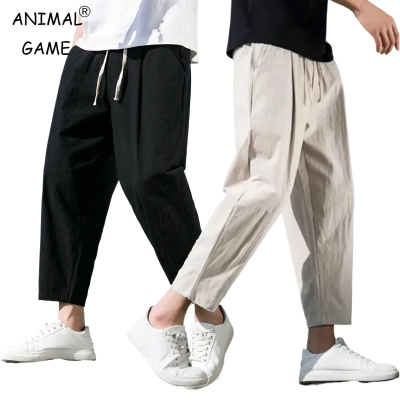 Pánské ľanové tepláky lehké bavlnené joggers volné dlouhé kalhoty streetwear