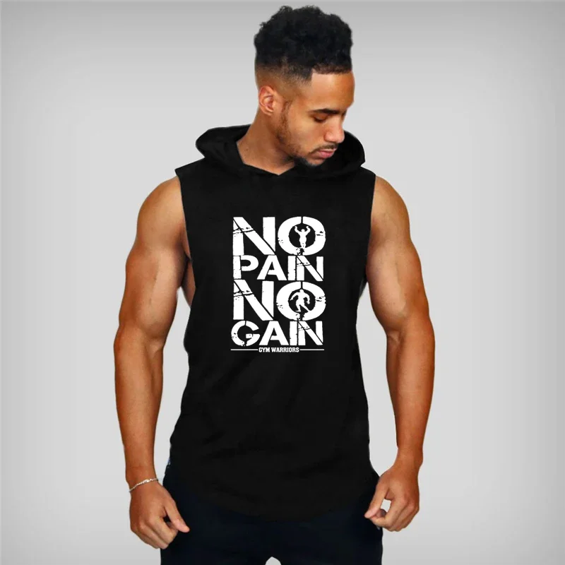 Pánská fitness mikina s kapucí bez rukávů bavlněná pro bodybuilding a trénink sportovní top