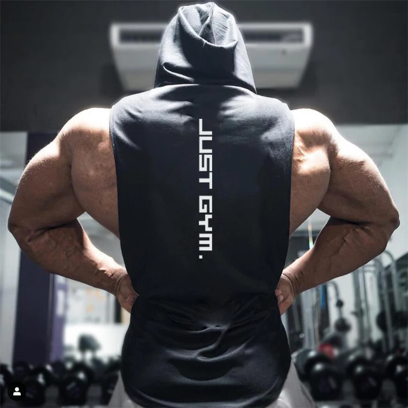 Pánská fitness košile s kapucí bez rukávů bavlna posilovna trénink sport 95 znaků