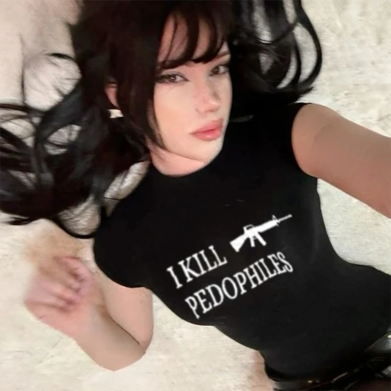 Dámské crop tričko s krátkým rukávem gothic streetwear punk grunge potisk slim fit top