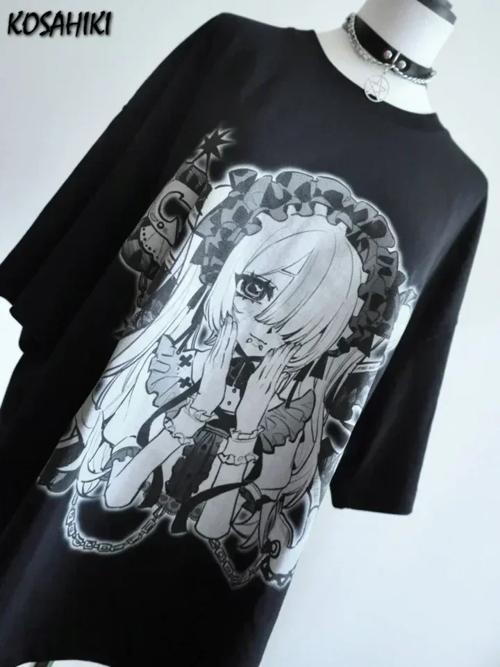 Dámské Y2K tričko s anime potiskem černé oversized vintage letní casual top