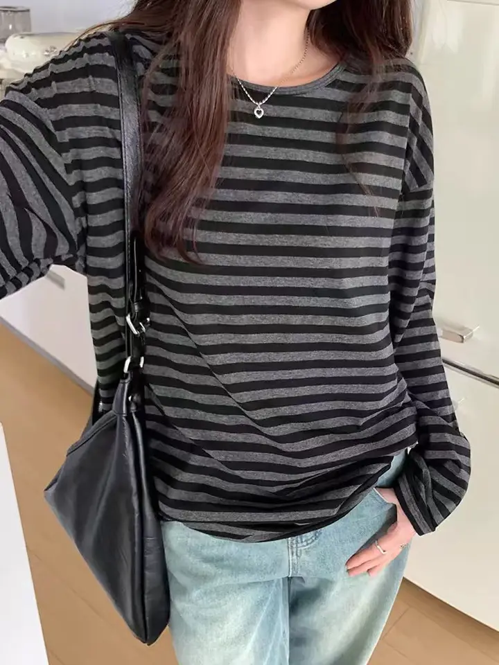 Dámské pruhované tričko s dlouhým rukávem oversize casual streetwear černé šedé top