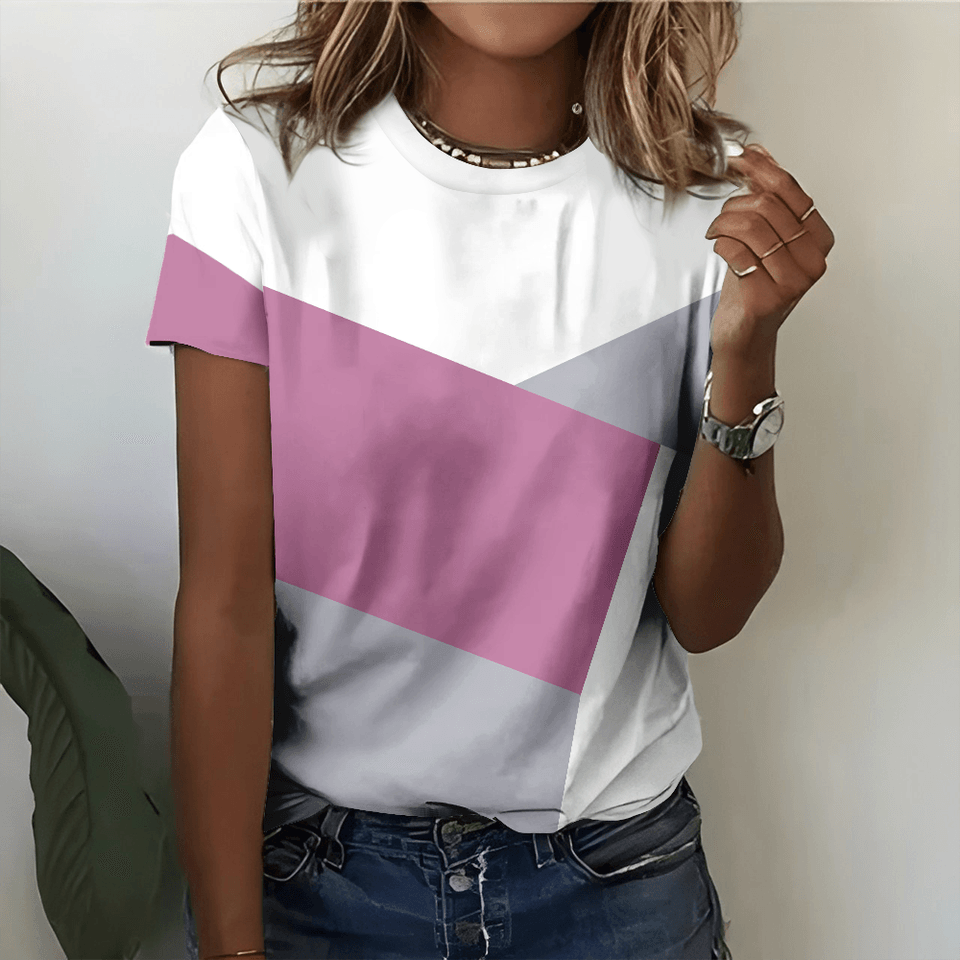 Dámské tričko s geometrickým vzorem - růžové bílé šedé - krátký rukáv bavlna casual