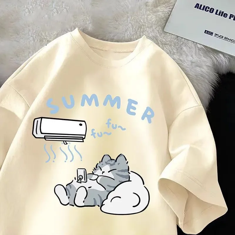 Dámské letní tričko s kočičím potiskem - krátký rukáv, oversize střih, plus size