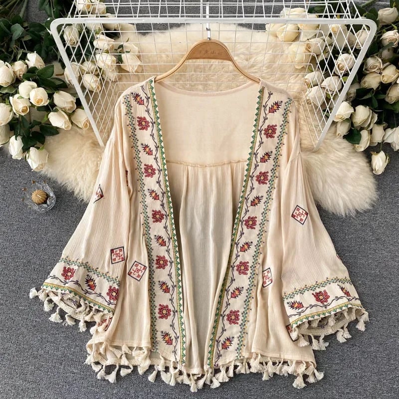 Letní dámská halenka boho styl vyšívaná střapce šifón kardigan slim top