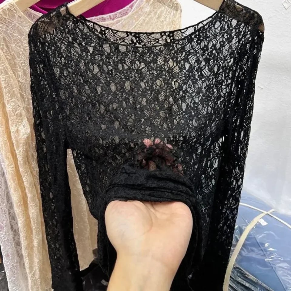 Černá krajková průsvitná košile dámská s dlouhým rukávem slim fit síťovina jaro podzim
