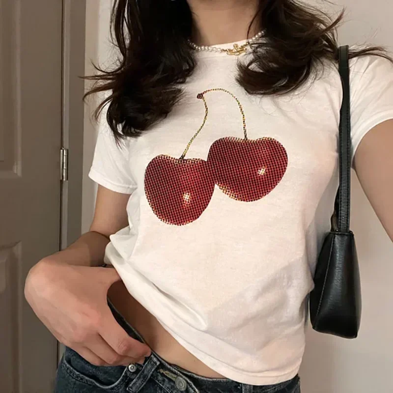 Dámské tričko Y2K vintage crop top s potiskem třešní goth streetwear letní