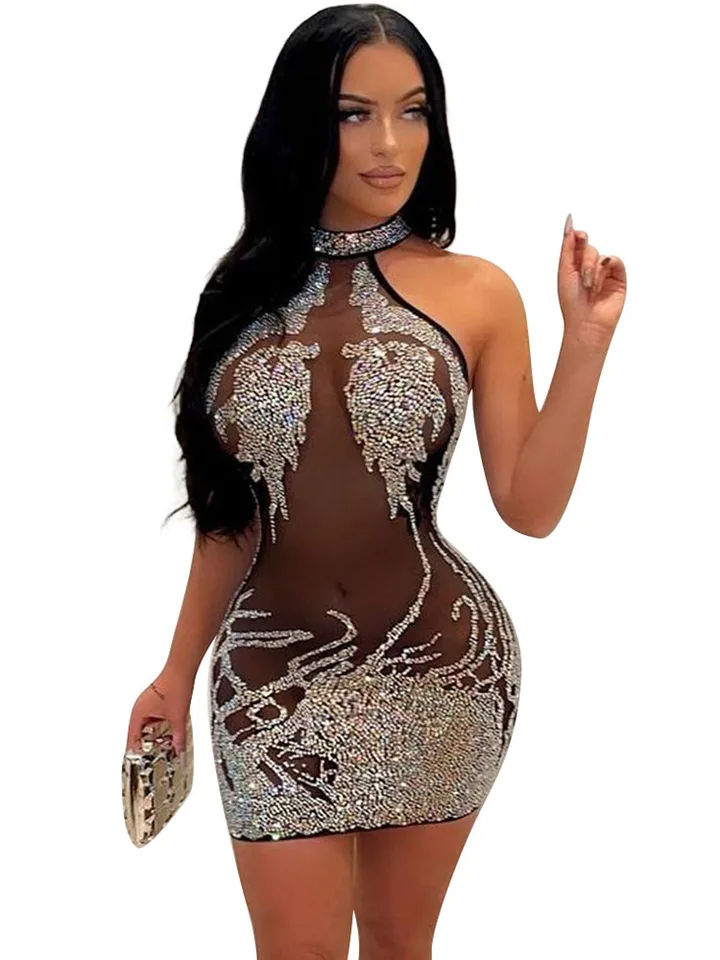 Luxusní průsvitné mini šaty s kamínky na večírek a společenské akce - sexy elegantní model