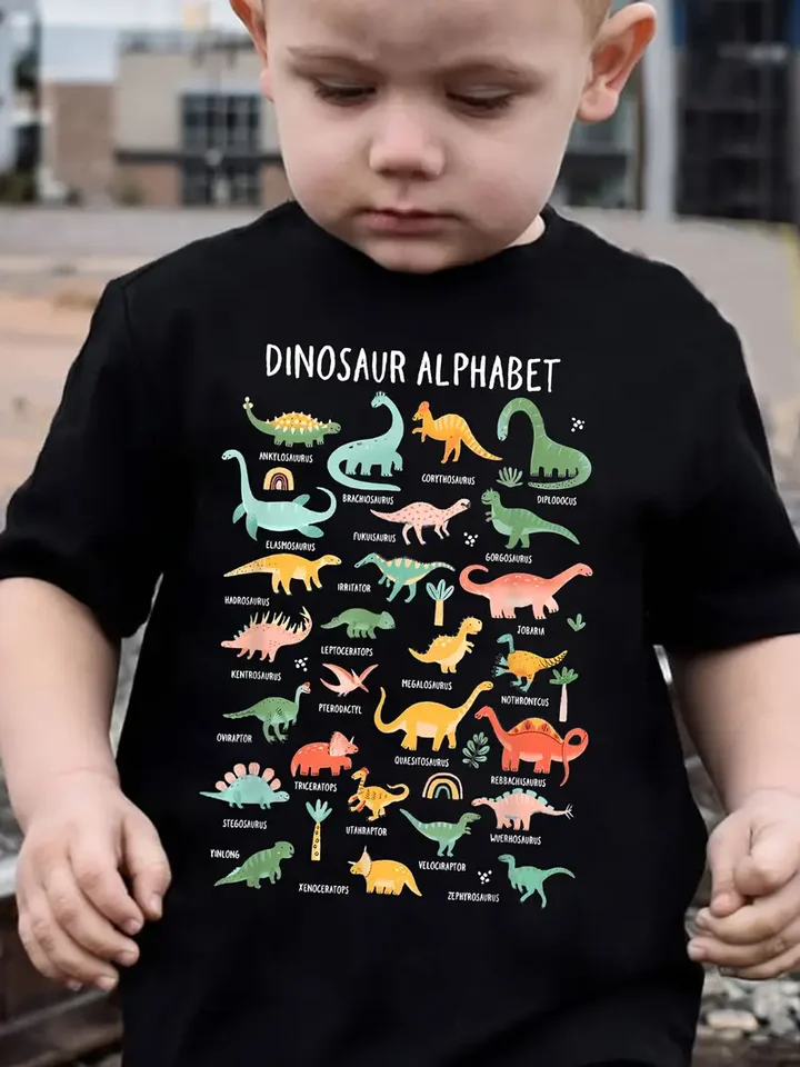 Dětské tričko s dinosaurem - roztomilý potisk abecedy, krátký rukáv, modré, 98-134 cm