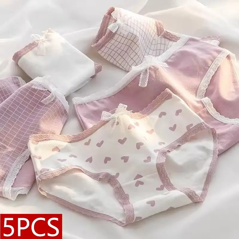 Dámské bavlněné kalhotky s roztomilým potiskem - měkké prodyšné spodní prádlo, sada 5 ks
