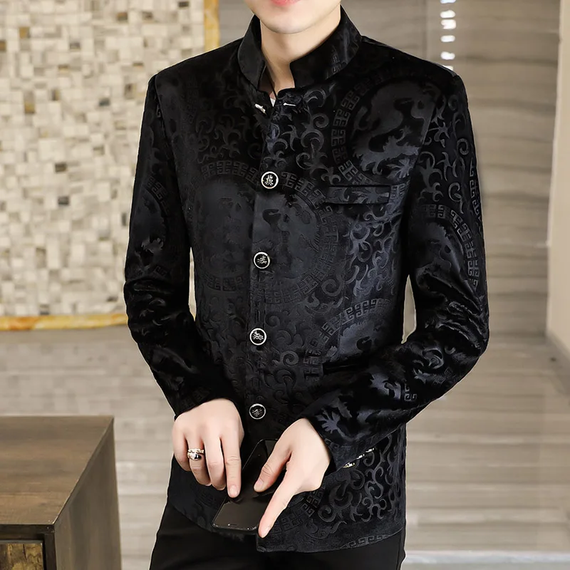 Pánský sametový blazer slim fit elegantní společenský oblek podzim/zima černý