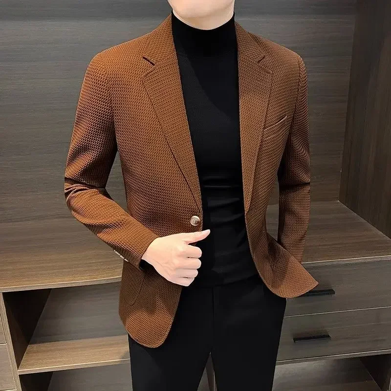 Pánská módní bunda károvaný vzor béžová casual elegantní lehký kabát na léto