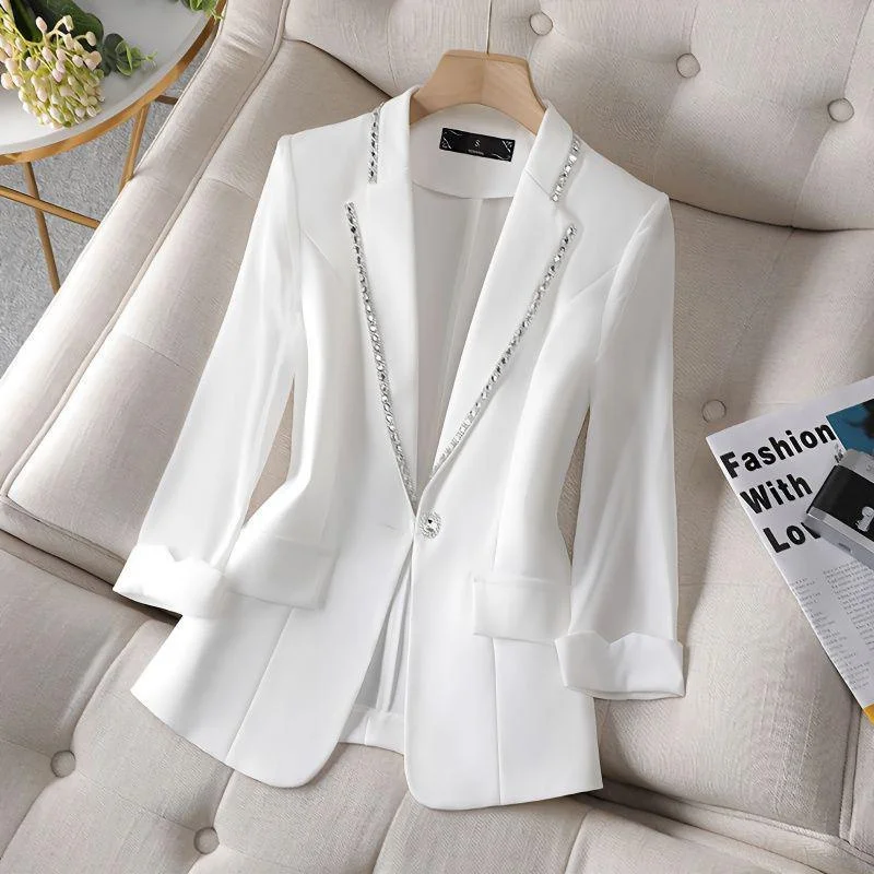 Dámské letní sako bílé tenké elegantní diamantový vzor XXS-5XL módní kancelářský blazer