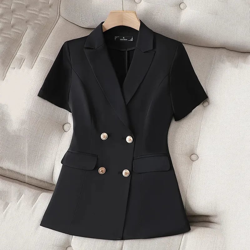 Dámské sako slim fit letní elegantní krátký rukáv módní kabátek béžový