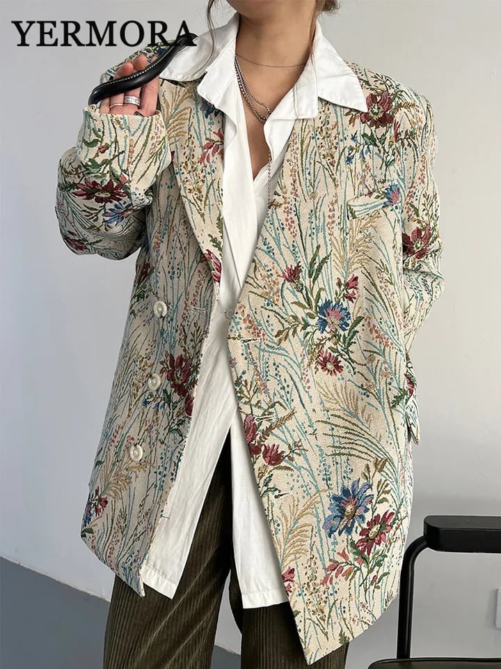 Dámský elegantní blazer s květinovým vzorem - jarní/podzimní volný střih módní bunda