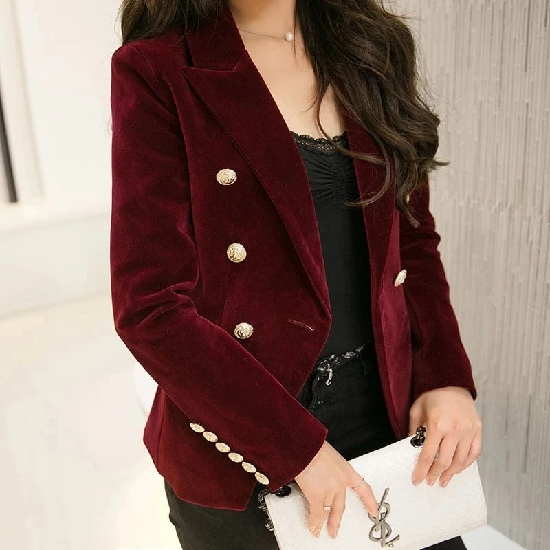 Dámské elegantní sametové sako tmavě modré slim fit kancelářský styl jarní móda