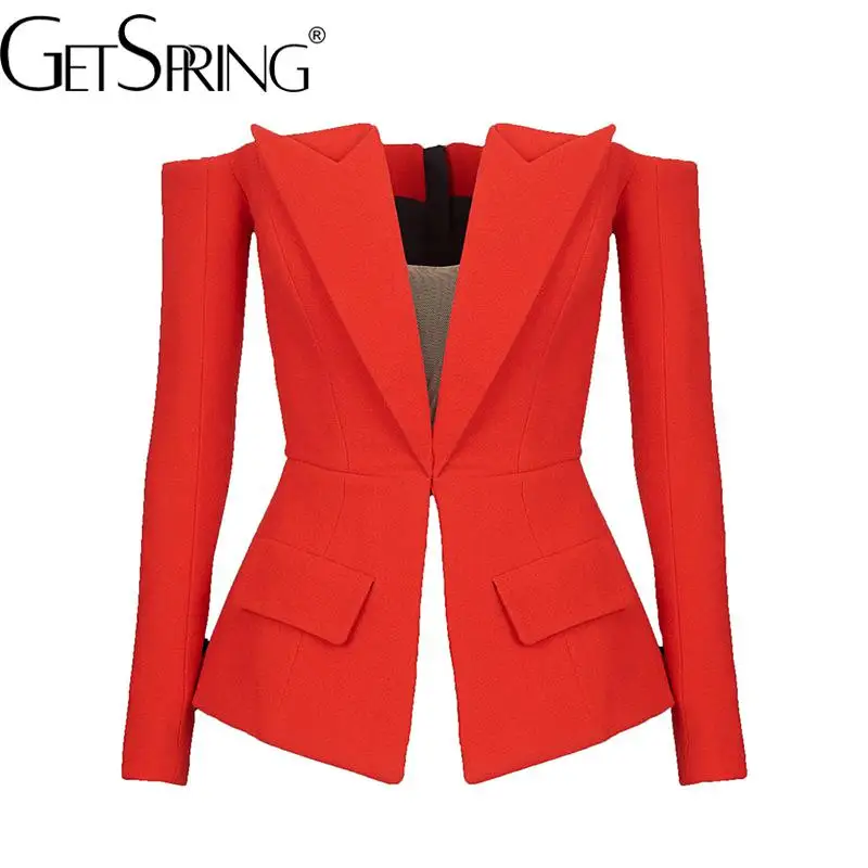Dámský elegantní blazer se zipem a výstřihem V - módní podzimní kabátek slim střih červená barva