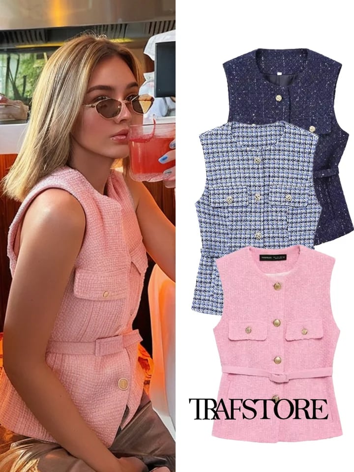 Dámská jarní vesta s texturovaným vzorem a páskem - elegantní slim fit módní outerwear