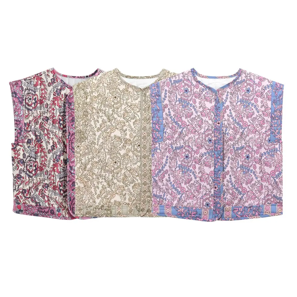Dámská prošívaná vesta s květinovým vzorem - retro styl, elegantní střih, bavlněná bunda