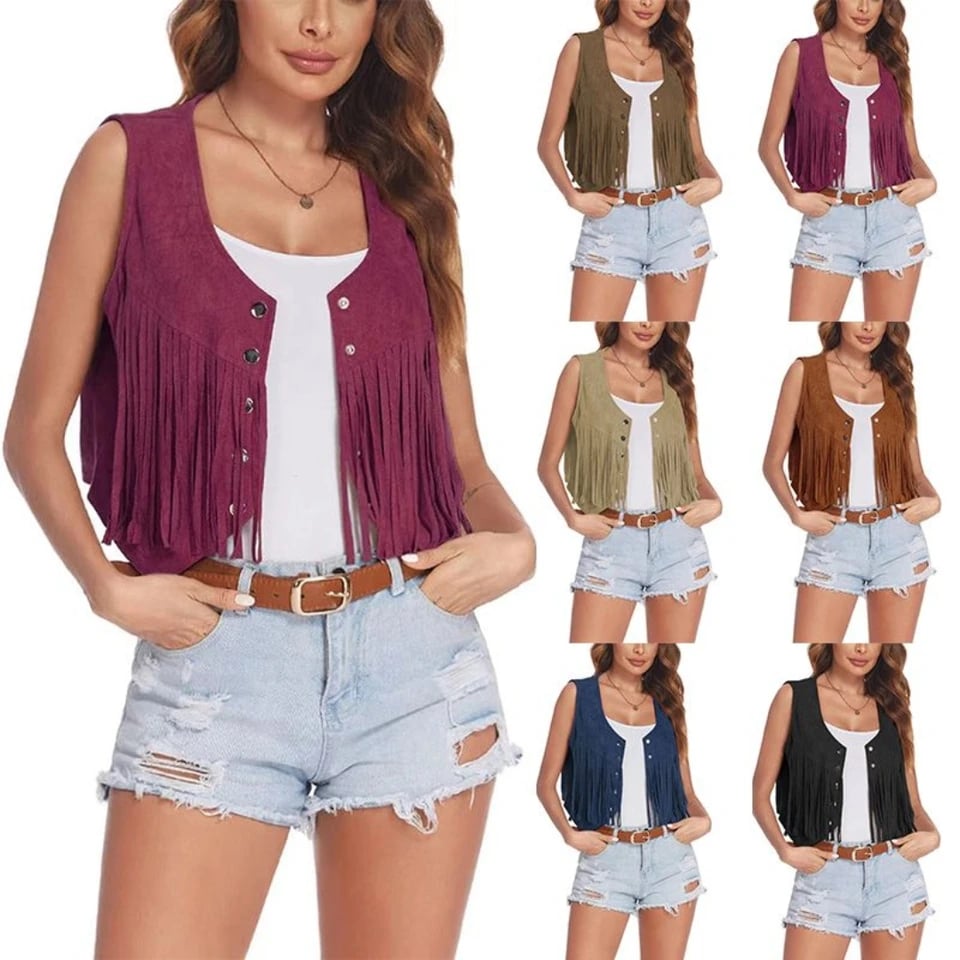 Dámská semišová vesta s třásněmi a nýty ve vintage kovbojském stylu boho hippie
