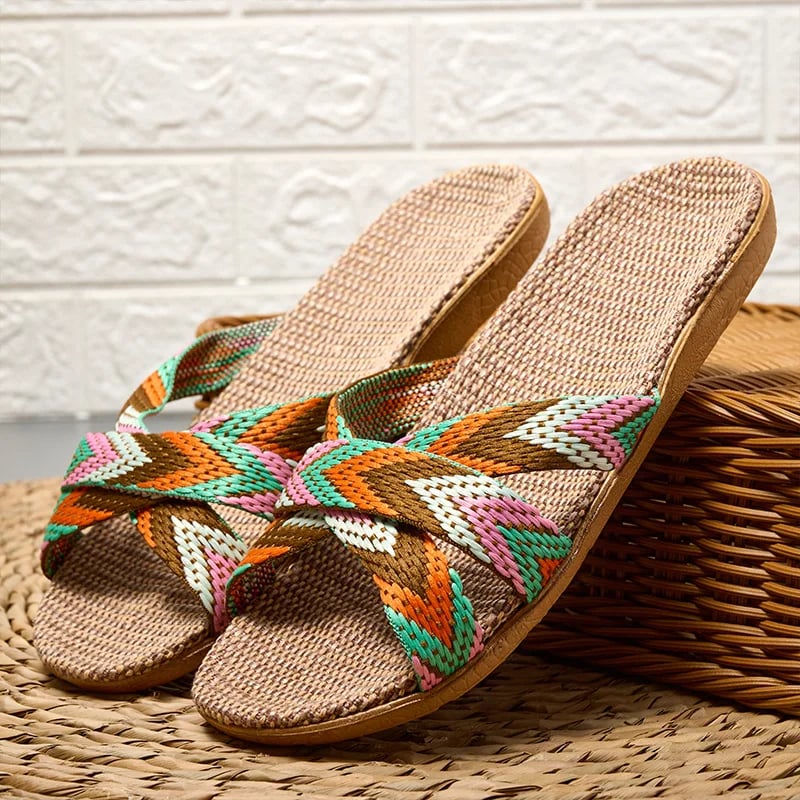 Letní dámské pantofle z lnu plážové i domácí lehké protiskluzové s tlustou podrážkou Boho styl
