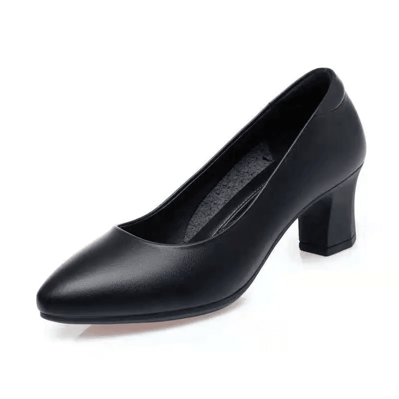 Dámské černé slip on boty z PU kůže s kulatou špičkou a čtvercovým podpatkem pro kancelář