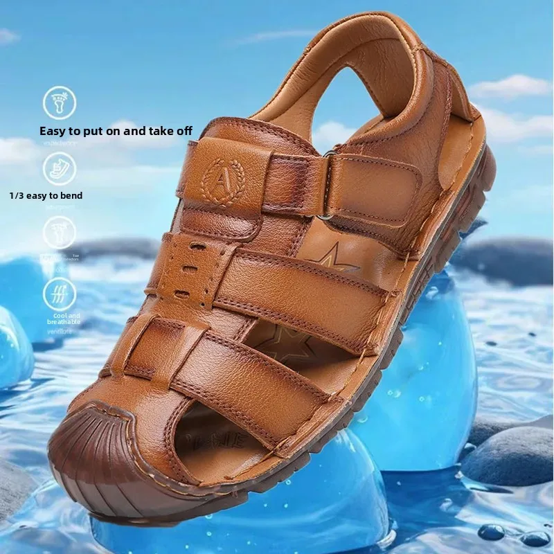 Pánské kožené sandály s otevřenou špičkou pro léto plážová obuv neklouzavá měkká podrážka