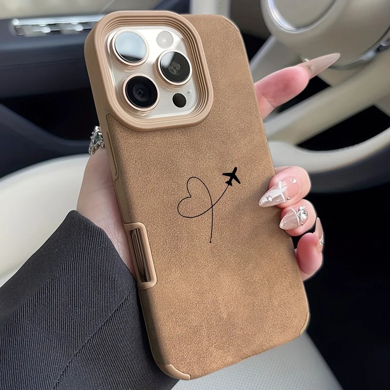 Pouzdro na telefon s motivem letadla a srdce s láskou a designem umělé kůže pro iPhone 17 16 15 14 13 12 11 Pro Max XS X XR 16 15 Plus 17 Air Cover