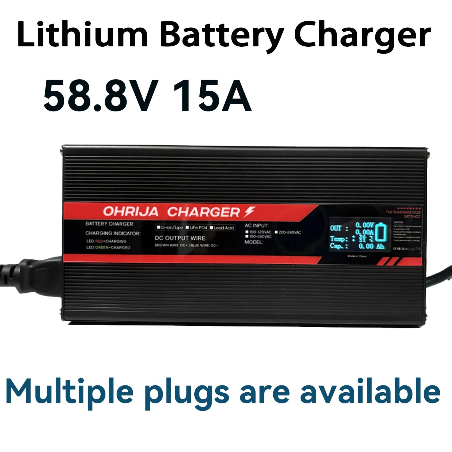 OHRIJA 58,8V 15A Vysoce výkonná rychlonabíječka pro 14S 48V lithium-iontovou nabíječku baterií s vysokým výkonem, inteligentní displej, hliníkové pouzdro