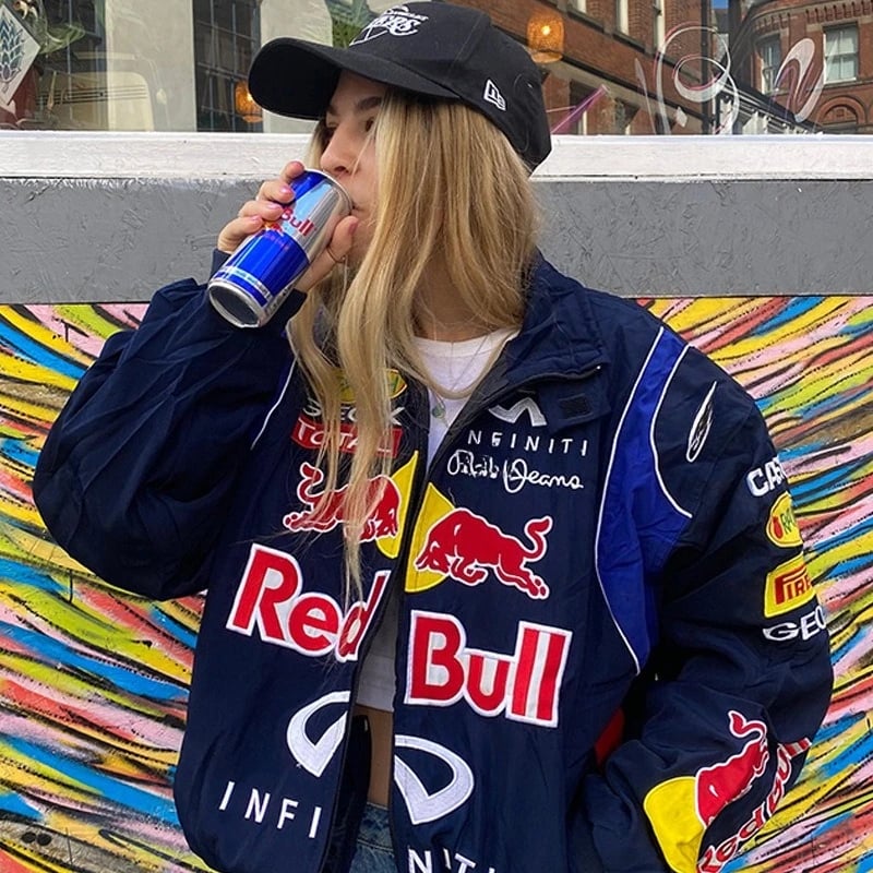 Motocyklová jarní a podzimní tenká bunda Red Bull Racing F1, sportovní styl, černá, s potiskem, ležérní, volná, s dlouhým rukávem