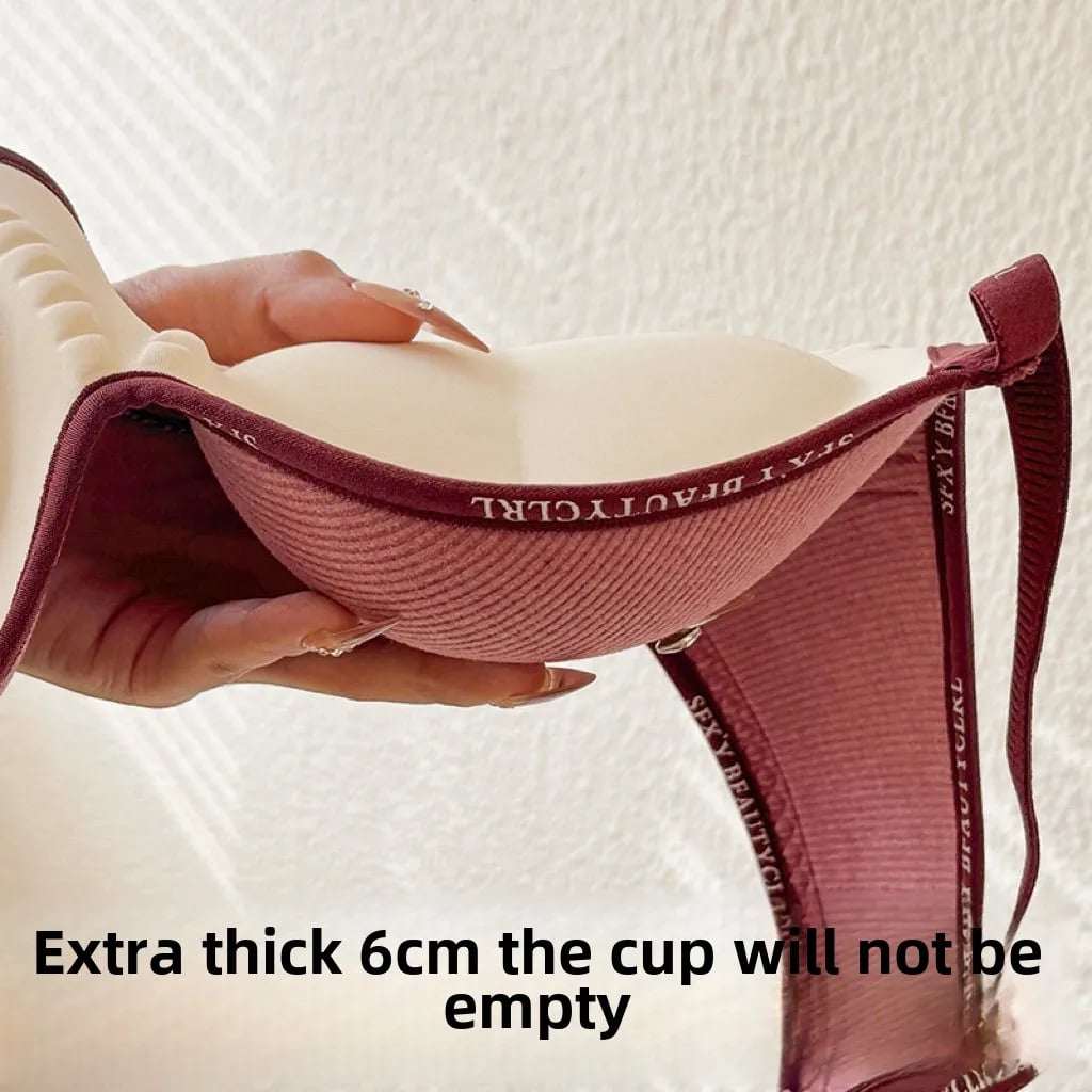 6cm ztluštěná push-up podprsenka pro malý hrudník, bez kostic, bez ocelových kroužků, protiskluzové vycpávky, bezešvá, neviditelná, nastavitelná ramínka