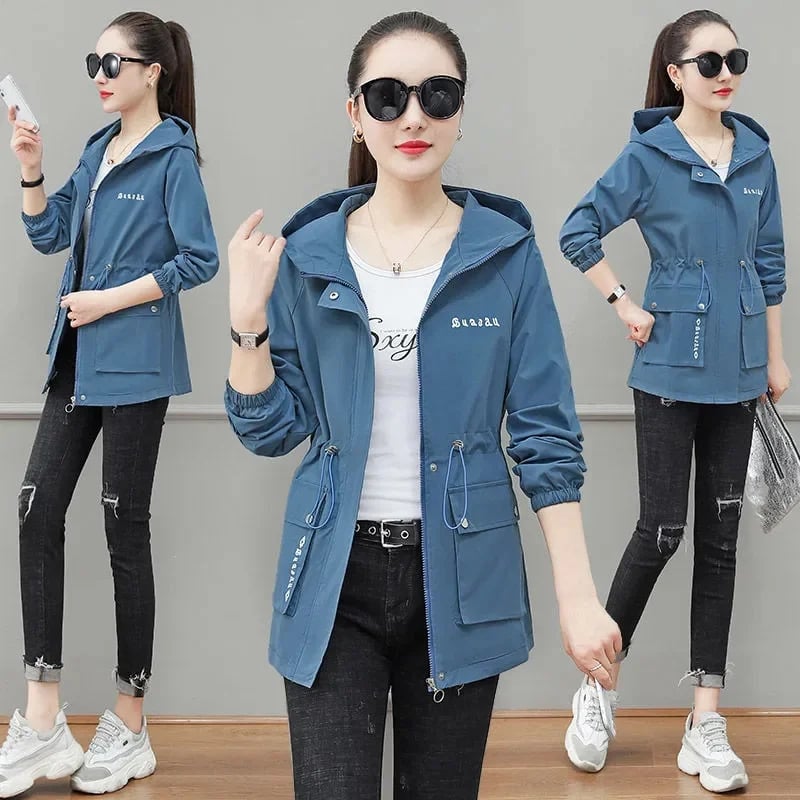 2024 Nová dámská bunda Jarní podzimní kapsa na zip s dlouhým rukávem a kapucí, volná sportovní větrovka, dámské bundy