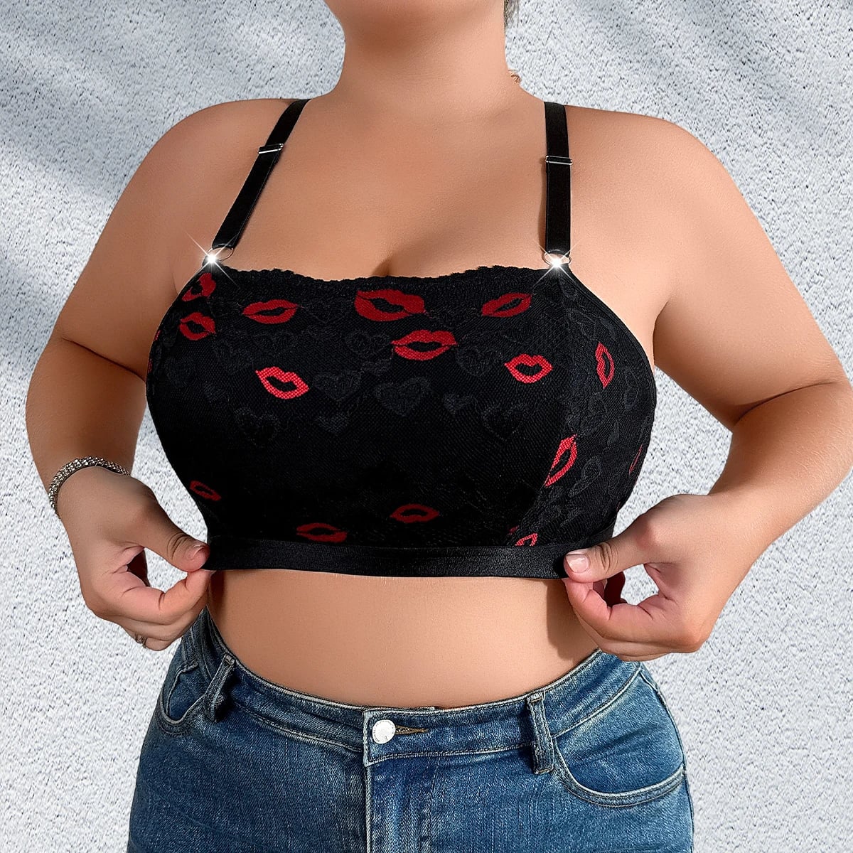 1XL-4XL Plus Size Sexy Dámské Podprsenky Červené Rty Tisk Bez Vycpávky Dámské Spodní Prádlo Nastavitelný Ramenní Popruh Bez Kostic Sexy Lístek