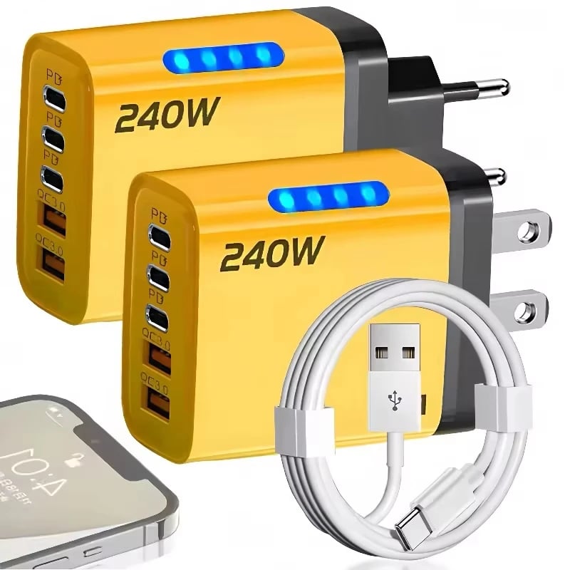 5v1 GaN stolní nabíječka 240W rychlonabíjecí adaptér pro iPhone 17 16 15Pro Samsung 10A kabel USB-C 3PD 2USB nabíječka