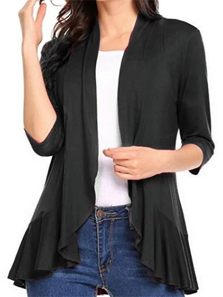 Dámský jarní podzimní kardigan, jednobarevný, 3/4 rukáv, volánový lem, kabáty, topy, ležérní saka, svrchní oblečení
