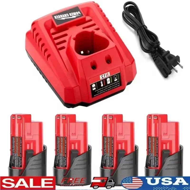 Balení 4 ks 12V 3000mAh lithium-iontových baterií, náhradní nabíječka pro Milwaukee M12, součástí balení, vysoce kvalitní články, certifikace CE FCC ROHS