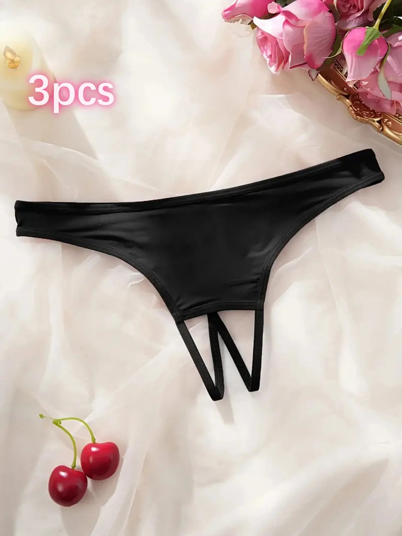 Dámské černé minimalistické sexy tanga s nízkým pasem a otevřeným rozkrokem, letní spodní prádlo 3 ks