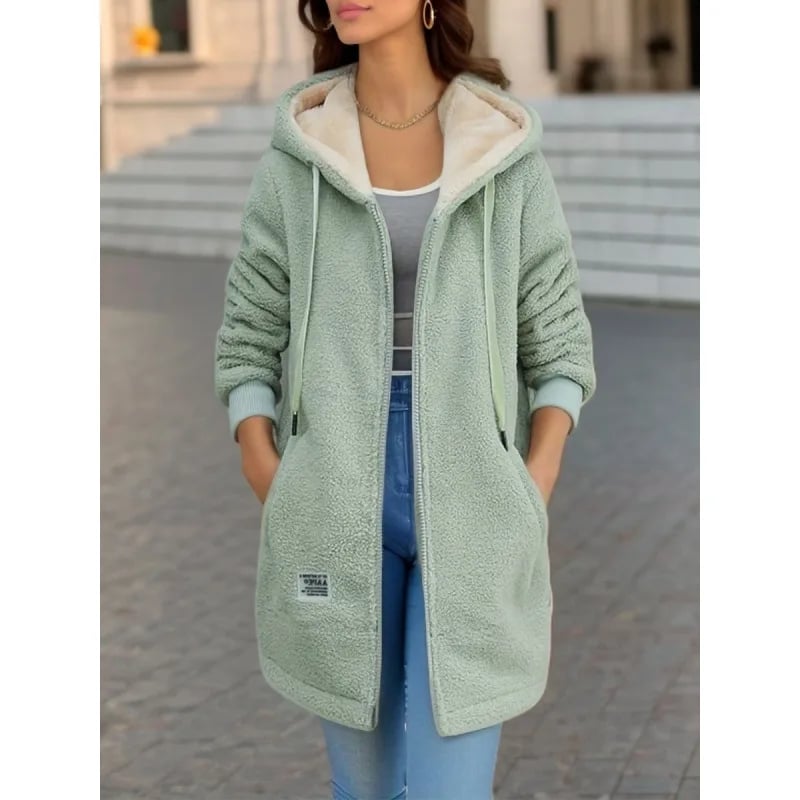 Dámská mikina z tlustého fleecového jehněčího sametu, středně dlouhá, s vyšívaným nápisem, ležérní styl, podzimní zimní kabát