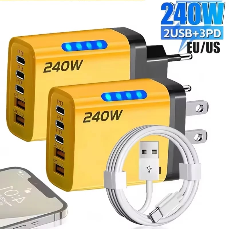 5 v 1 240W GaN rychlonabíječka s LED světlem 2USB+3Type-C víceportová nabíjecí hlava pro iPhone, Huawei, notebooky, tablety 2025