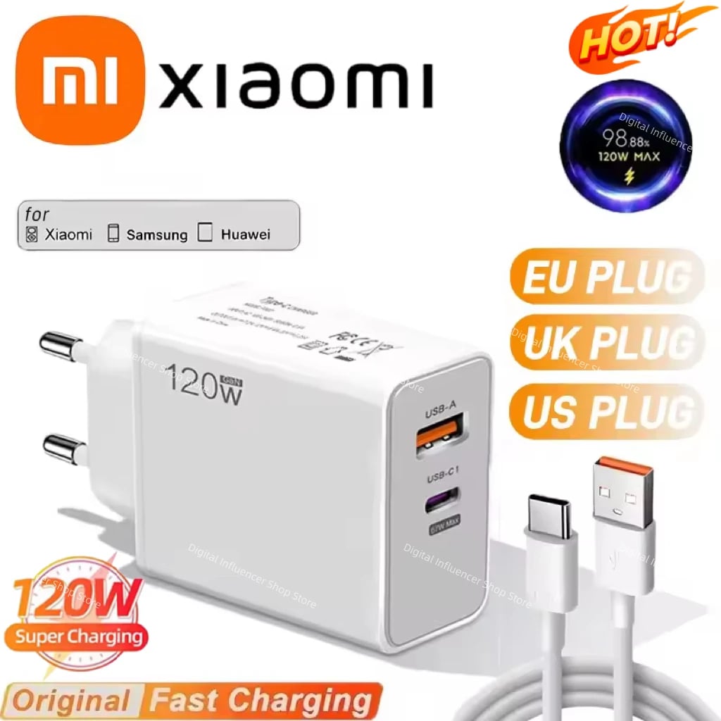 Nabíječka Xiaomi 120W USB typu C s rychlonabíjecím datovým kabelem, nabíječka telefonu, adaptér EU/US/UK pro Samsung iPhone Huawei
