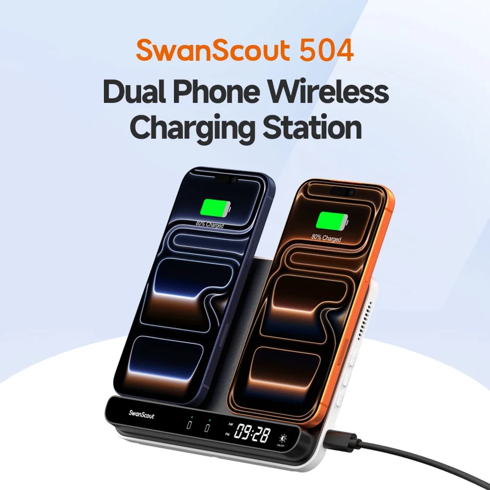 Skládací bezdrátová nabíjecí stanice SwanScout 504 pro dva telefony, iPhone 17, 16, 15, Samsung S25, S24, Google Pixel 9 Pro XL 8